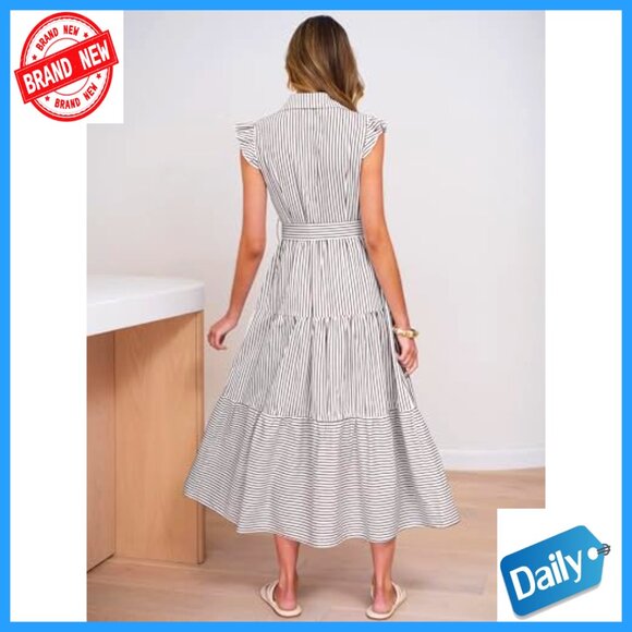 Ruffle Cap Sleeve Maxi Dress Button Down Striped Plaid Tie Waist Casual Chic - Picture 5 of 7